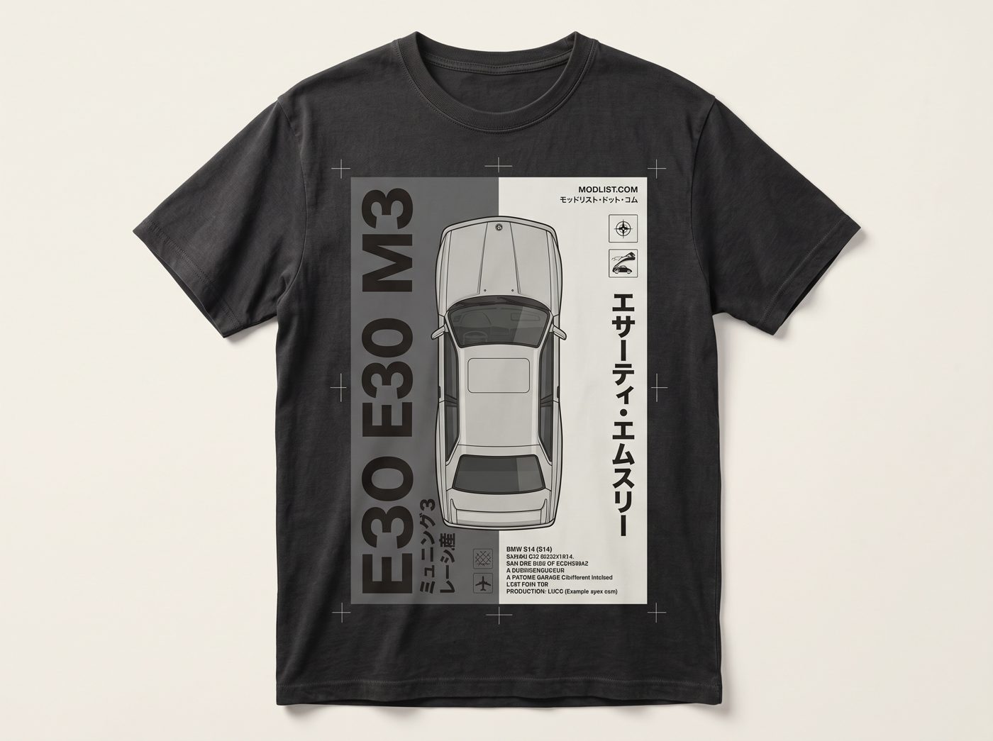 Black tee printed with an overhead plan view of an E30 and a spec sheet layout